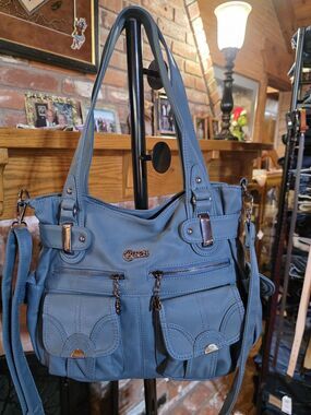 KL928 Large Tote Bag Womens Teal Blue Multi Pocket Shoulder Crossbody Hobo Purse